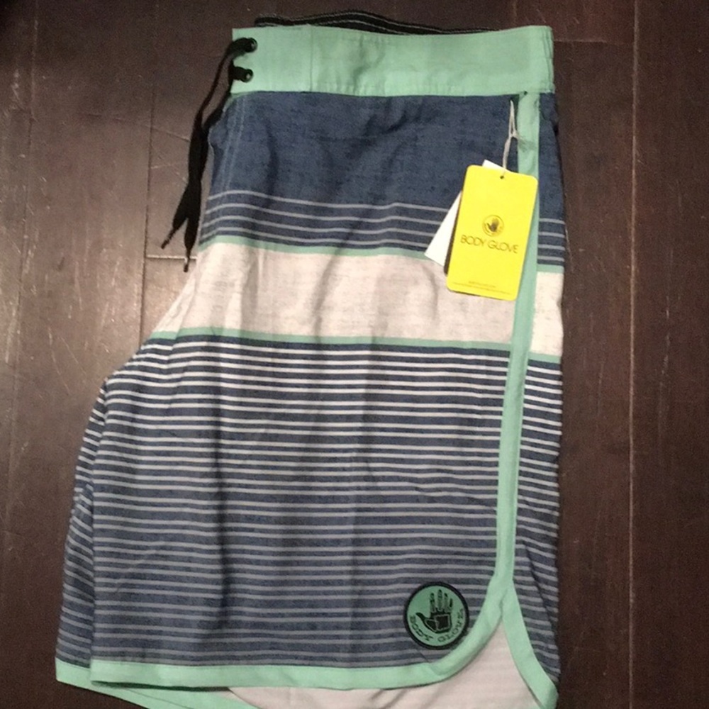 Body Glove Asbury EBoard Surfer Chambray Stripes Dark Teal 19" Swim Shorts - NWT